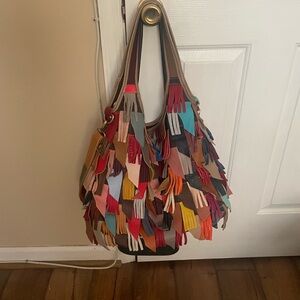 Multicolor Fringe Genuine Leather Large Tote Bag